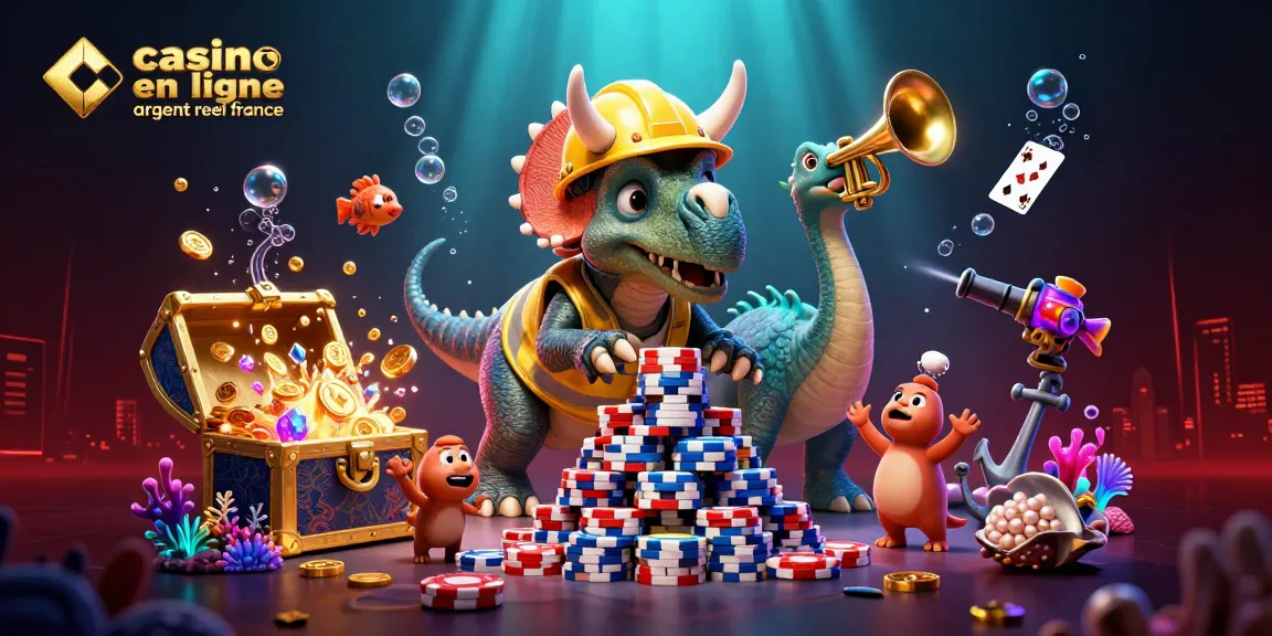 Affrontez le jeu au casino en ligne argent réel France avec des personnages cartoon vibrants et des éléments de jeu flottants.
