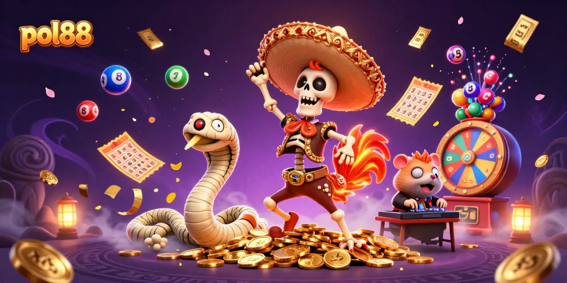Menampilkan pol88 dengan skeleton mariachi menari di tumpukan koin emas bersama ular mummy dan hamster DJ.