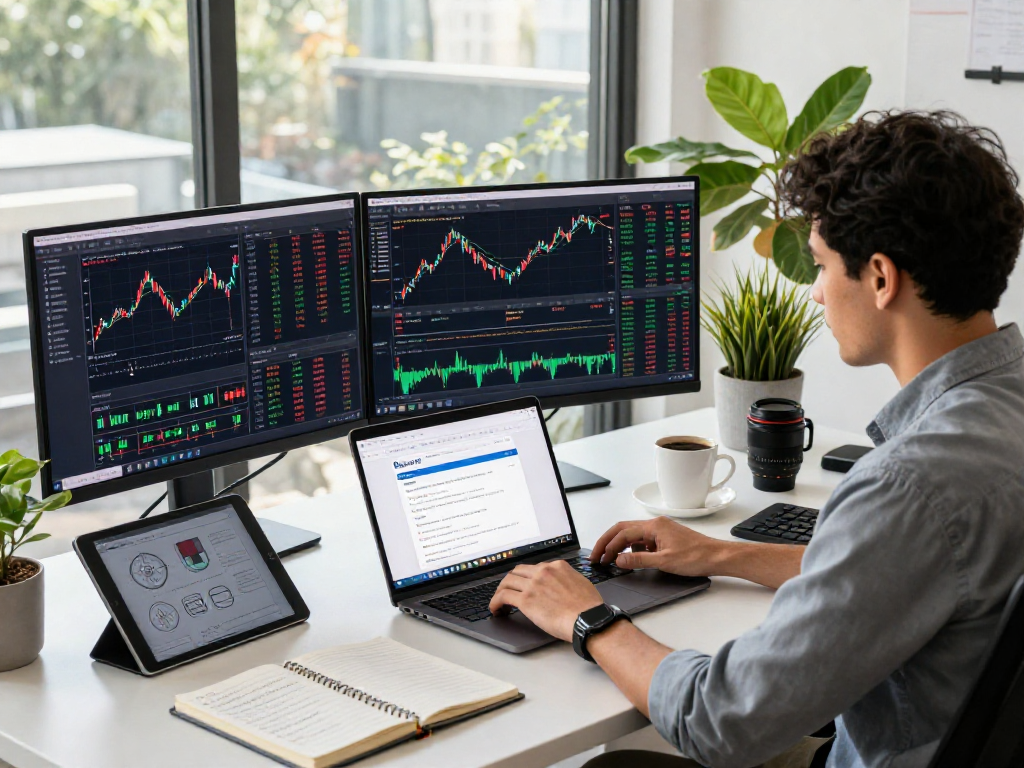 Developer coding Singapore quant stock API in a modern fintech workspace, featuring live market data displays and collaborative tools.