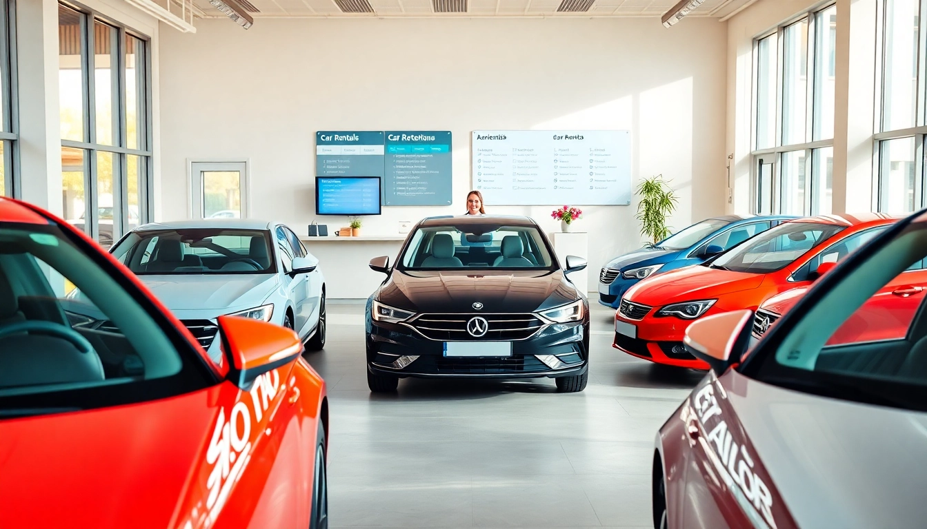Car rental office in Chișinău, Moldova, showcasing vehicles and friendly customer service. Chirie auto Moldova.