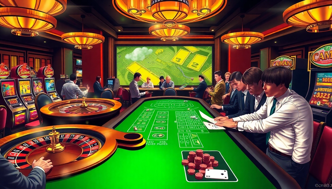 Engaged players strategizing around gaming tables at a vibrant casino scene inspired by https:/cm88.bz/