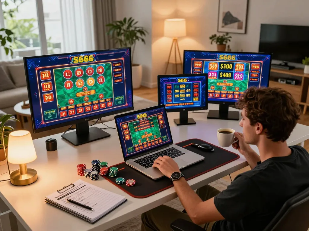 S666 online casino gaming setup showcasing a player engaging with slots at home