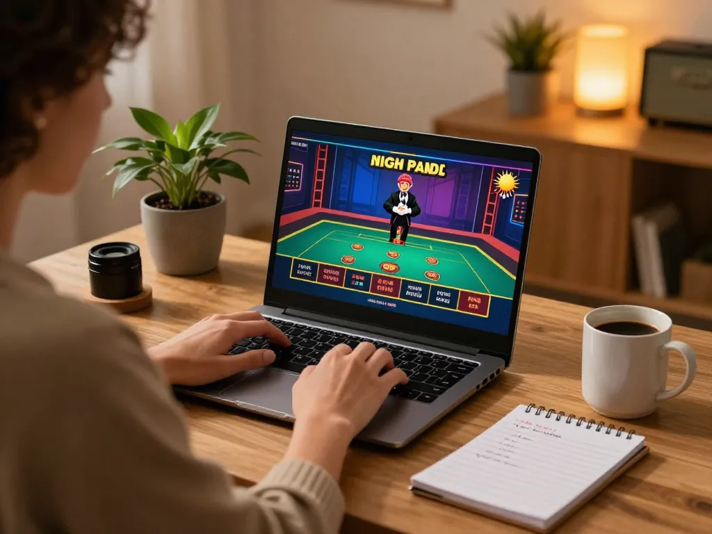 Engaging in online casino play at home with tg88, using laptop and notepad for strategy
