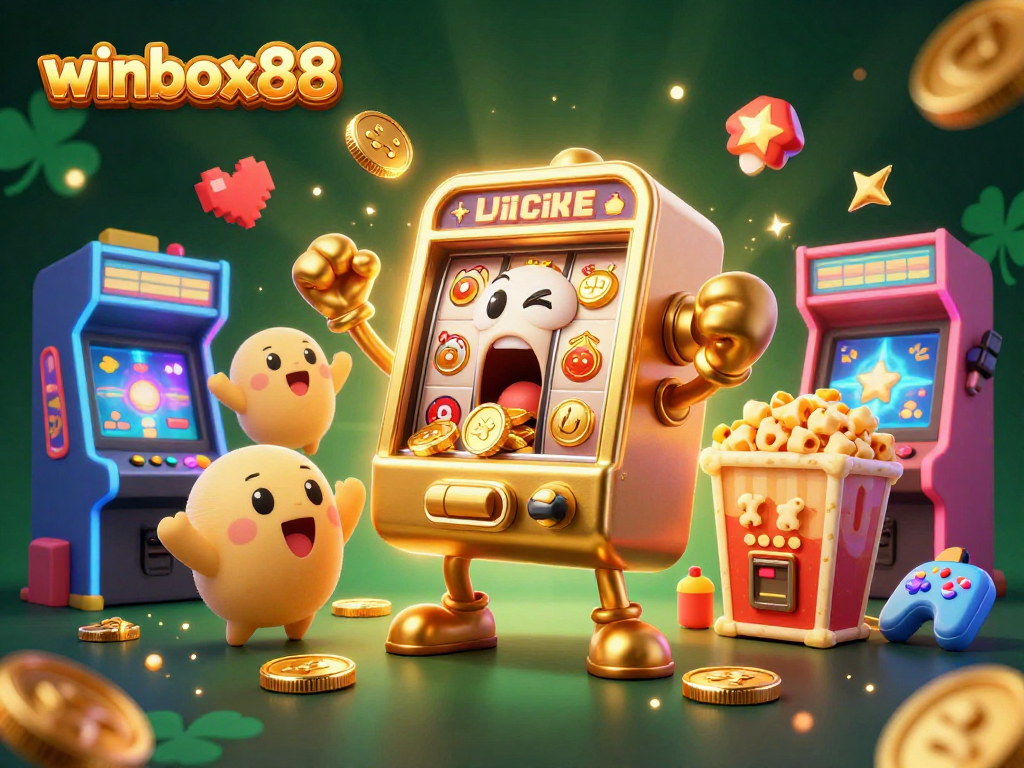 Winbox88 slot machine hits jackpot, overflowing with coins in a vibrant casino scene.