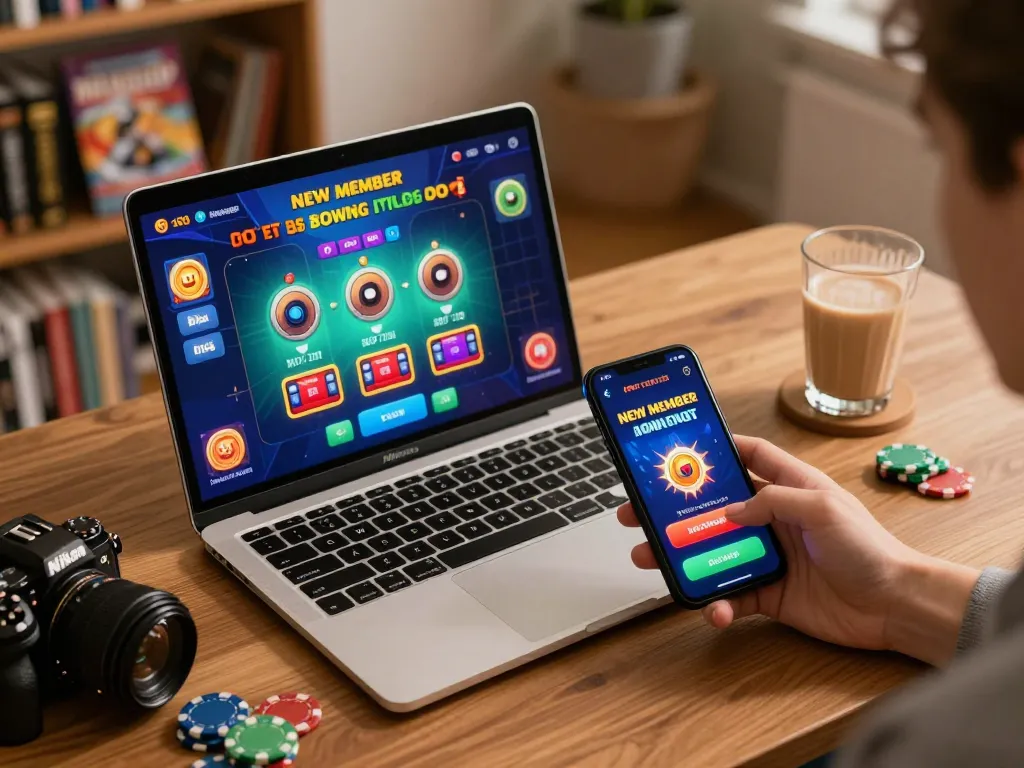 Engaging online gaming experience featuring bonus new member promotion on a laptop screen surrounded by casino chips.