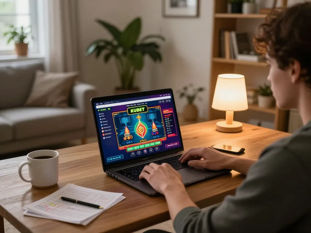 Player immersed in online kubet casino gaming at home, surrounded by strategy notes and a warm atmosphere.