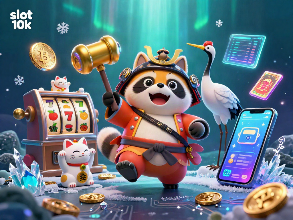 Experience the excitement of slot 10k with vibrant characters in a dynamic 3D casino illustration.