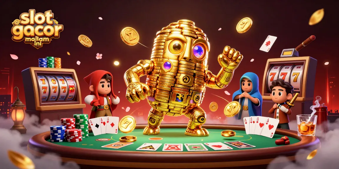 Raih jackpot besar dengan slot gacor malam ini yang menampilkan karakter emas dan simbol mesin slot.