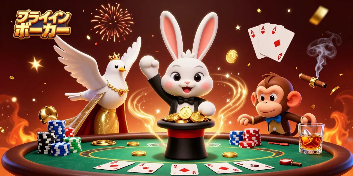 オンライン ポーカーで楽しむ錬金術のシーン、魔法のウサギがチップを引き出している幻想的なイラスト