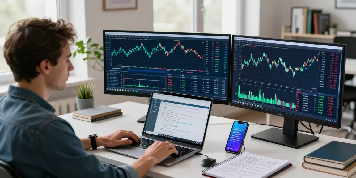 Trader analyzing mt4 forex charts and configurations in a professional workspace.