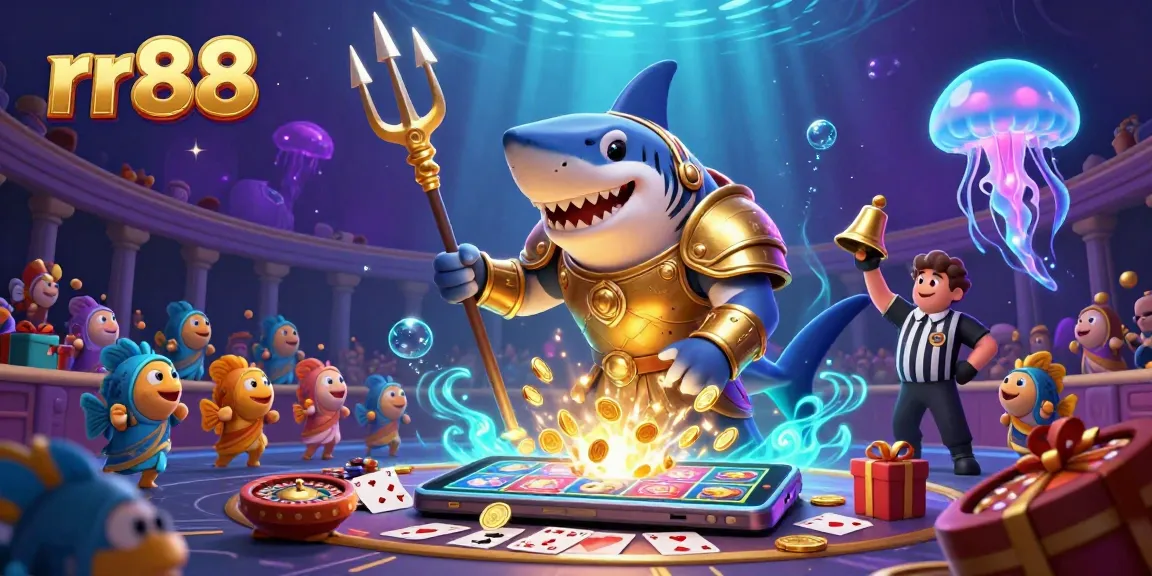 Spin the reels with rr88, featuring a fierce shark gladiator and lively casino elements for a thrilling underwater gaming scene.