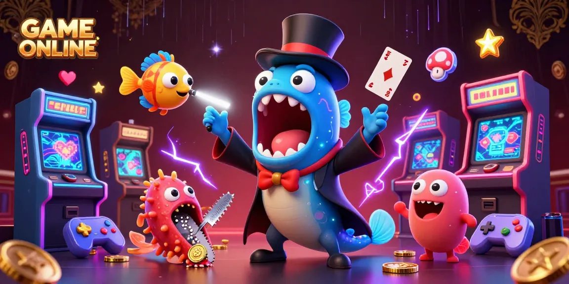 Experience exciting GAME ONLINE sessions with a magician's dynamic undersea card tricks in a vibrant casino setup.