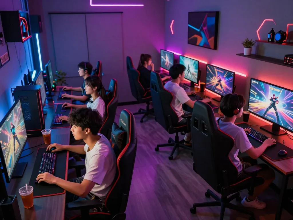 Friends engaging in strategy discussions while playing nsfw games on a high-end gaming setup, colorful LED lights creating an exciting atmosphere.