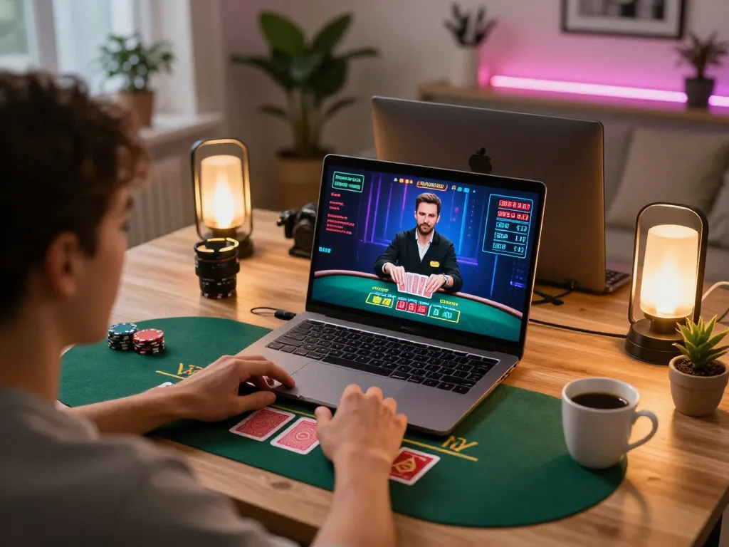 G28 TRANG CHỦ player engaged in live dealer blackjack game on laptop at home