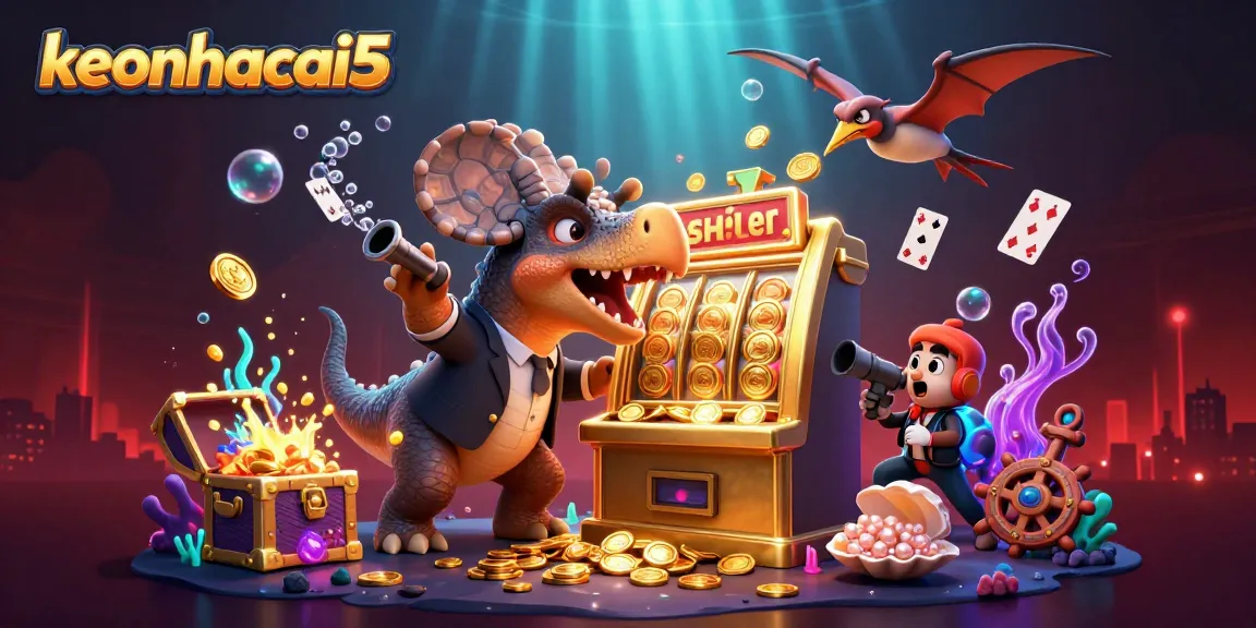 keonhacai5 showcases a 3D scene with a pachycephalosaurus interacting with a golden slot machine for jackpot