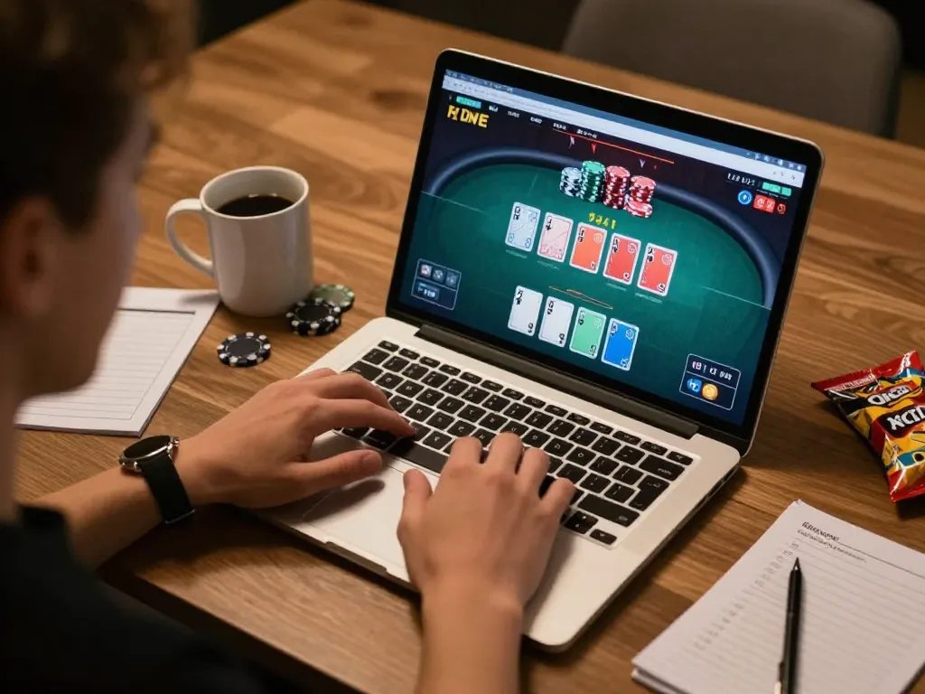 Engaging online poker gameplay on 388bet with strategic betting options and a cozy workspace atmosphere.