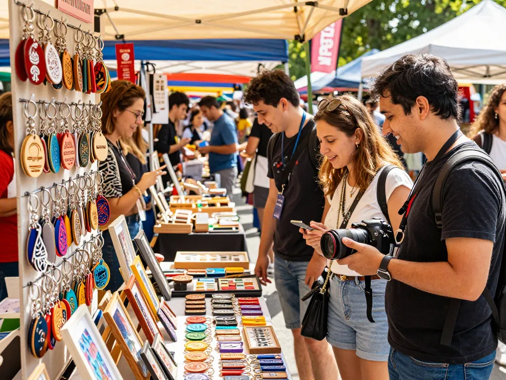 Customized keychains displayed at a lively outdoor market, highlighting unique designs and personalization options.