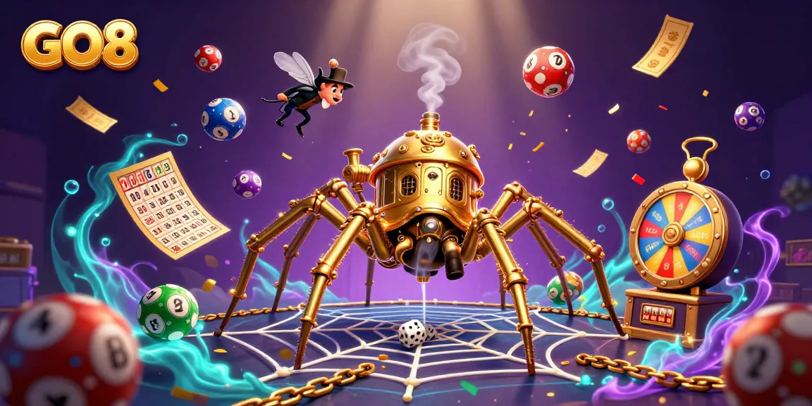 GO8 captivates players with golden spider catching dice amidst vibrant lottery elements.