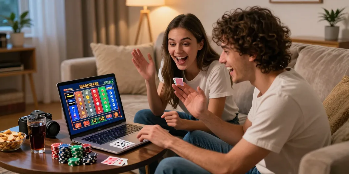 Excited couple enjoying credit card casino sites at home with games and snacks.