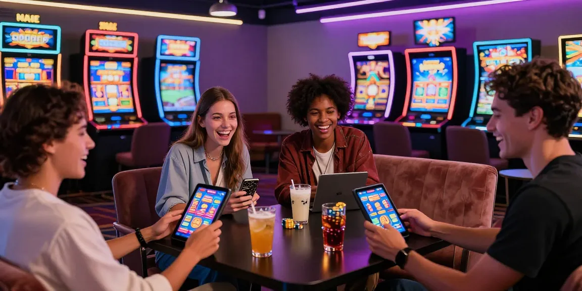 Friends enjoying slot online games in a vibrant casino setting with colorful lighting and devices.