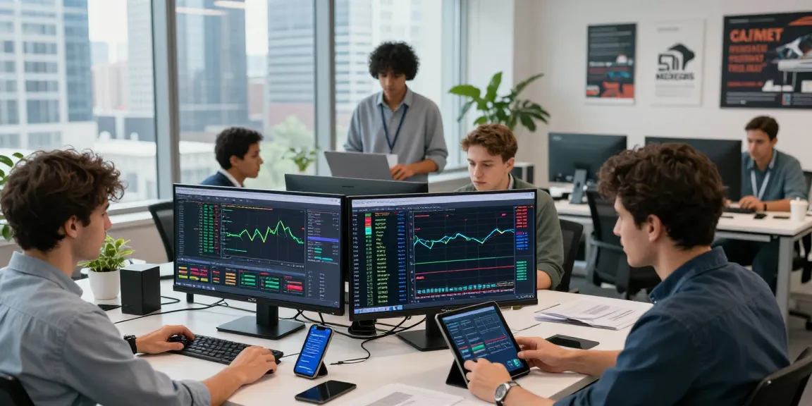 Traders using the MetaTrader 5 platform in a modern office environment analyzing charts and executing orders on desktop and mobile devices.