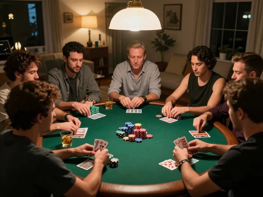 Friends enjoying a poker game at home, displaying excitement with CM88 playing cards.
