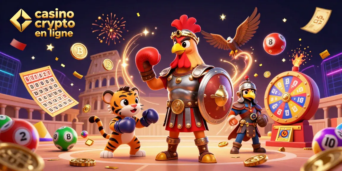 Illustration d'un casino crypto en ligne avec un coq guerrier et des éléments de jeu dynamique.