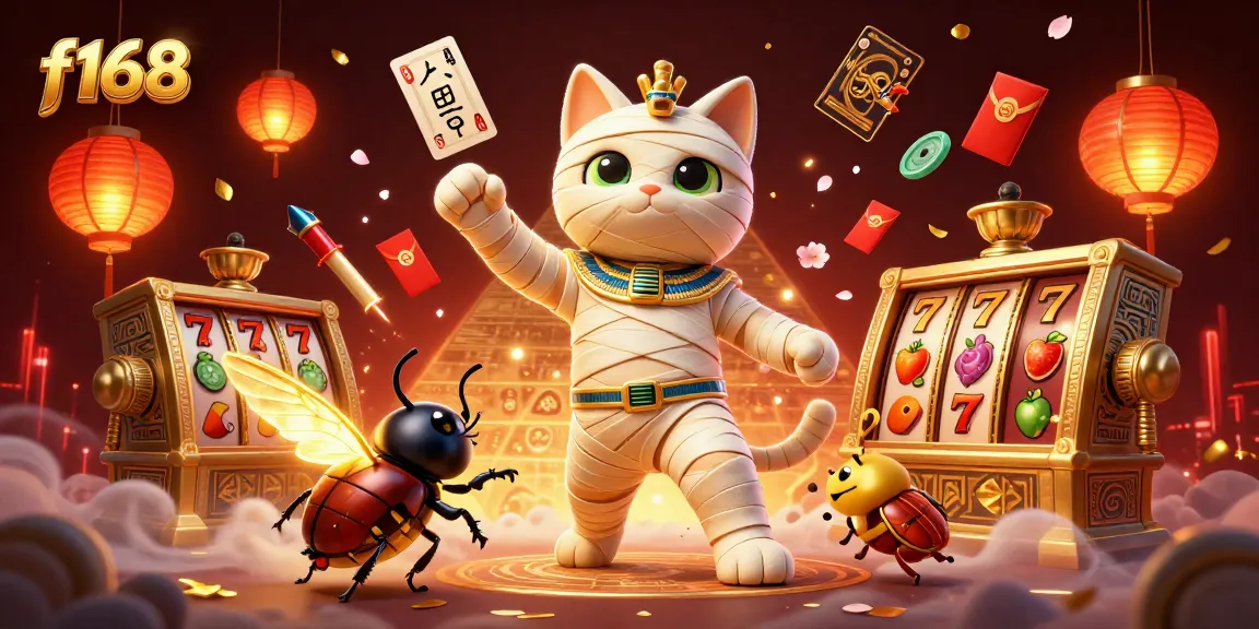 Engage with f168's vibrant casino scene showcasing an Egyptian mummy cat and slot machines.