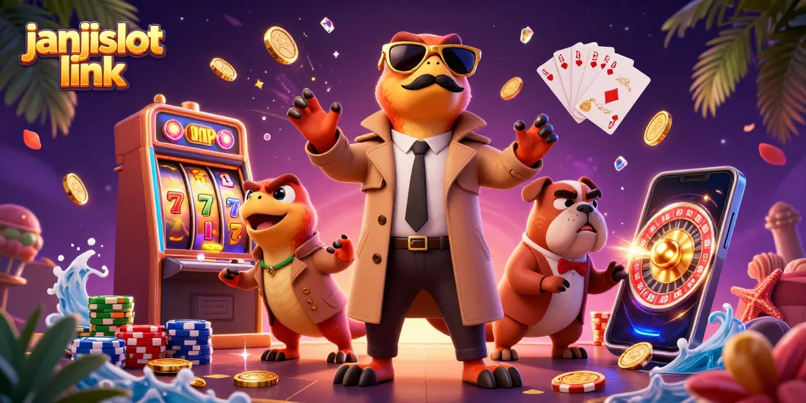 Experience the fun at janjislot link with three raptors in disguise entering a casino lounge amidst gold coins and poker chips.