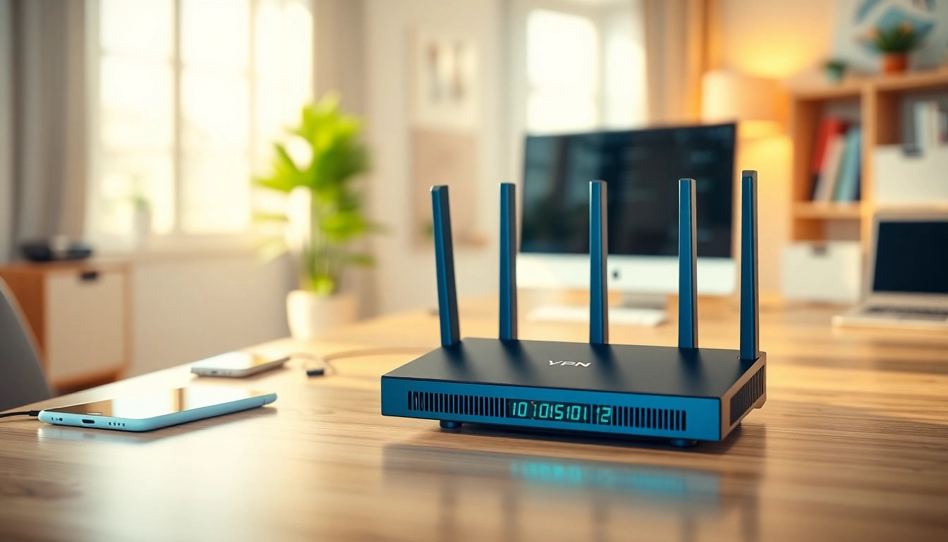 Explore the best vpn router uk in a modern workspace setup showcasing a sleek design.