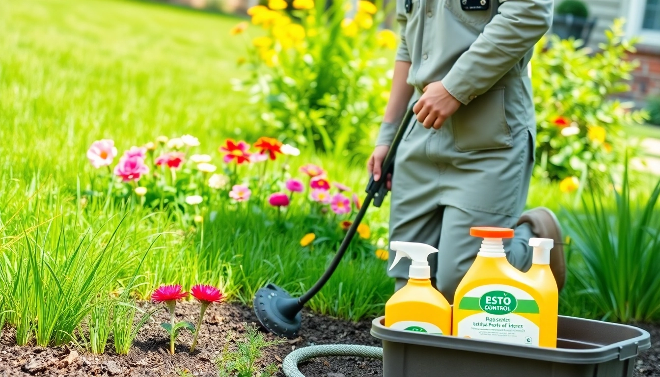 Applying low chemical bug control in a lush garden for safe pest management.