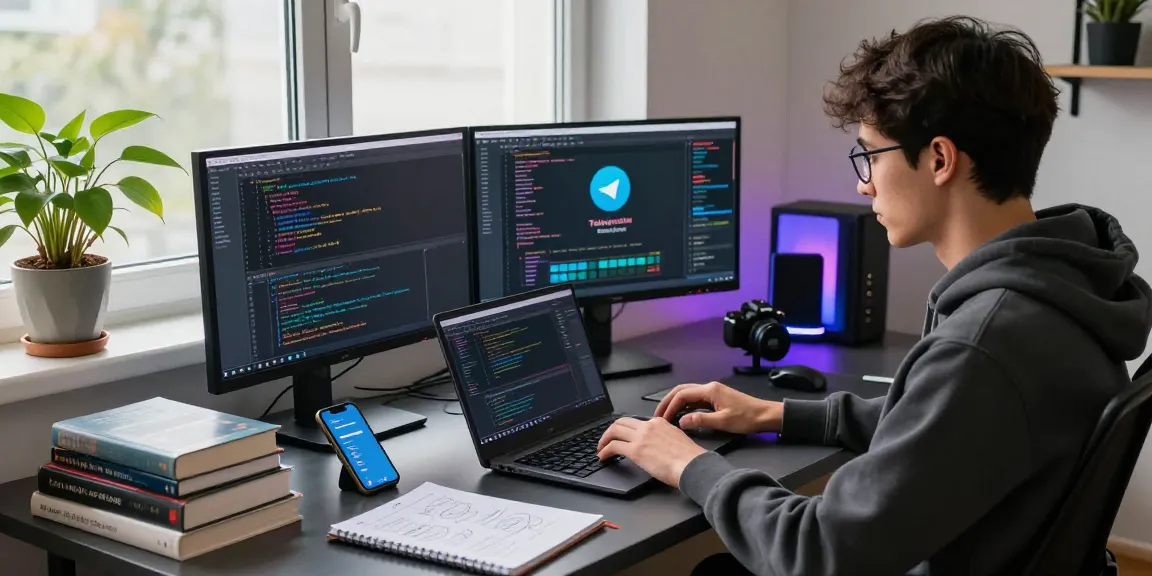 Telegram中文版下载 showcased in a vibrant tech workspace, featuring software engineer coding with dual monitors and creative environment.