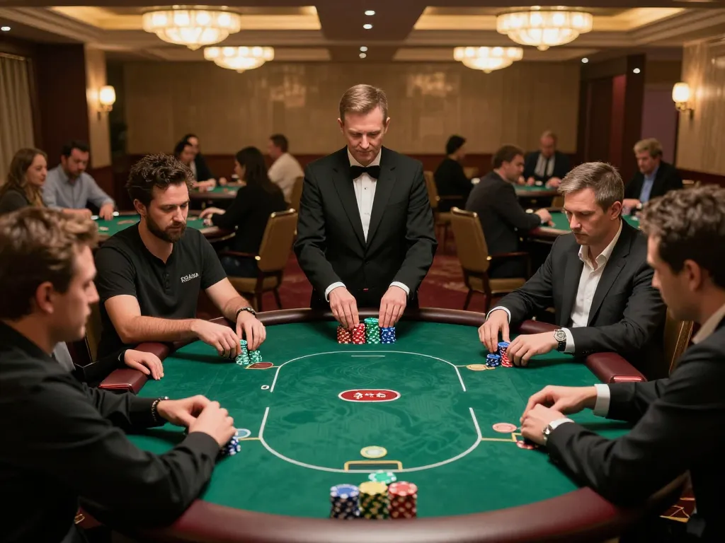 Engaged players show hidden wiki status while strategizing poker bets in a luxurious casino setting