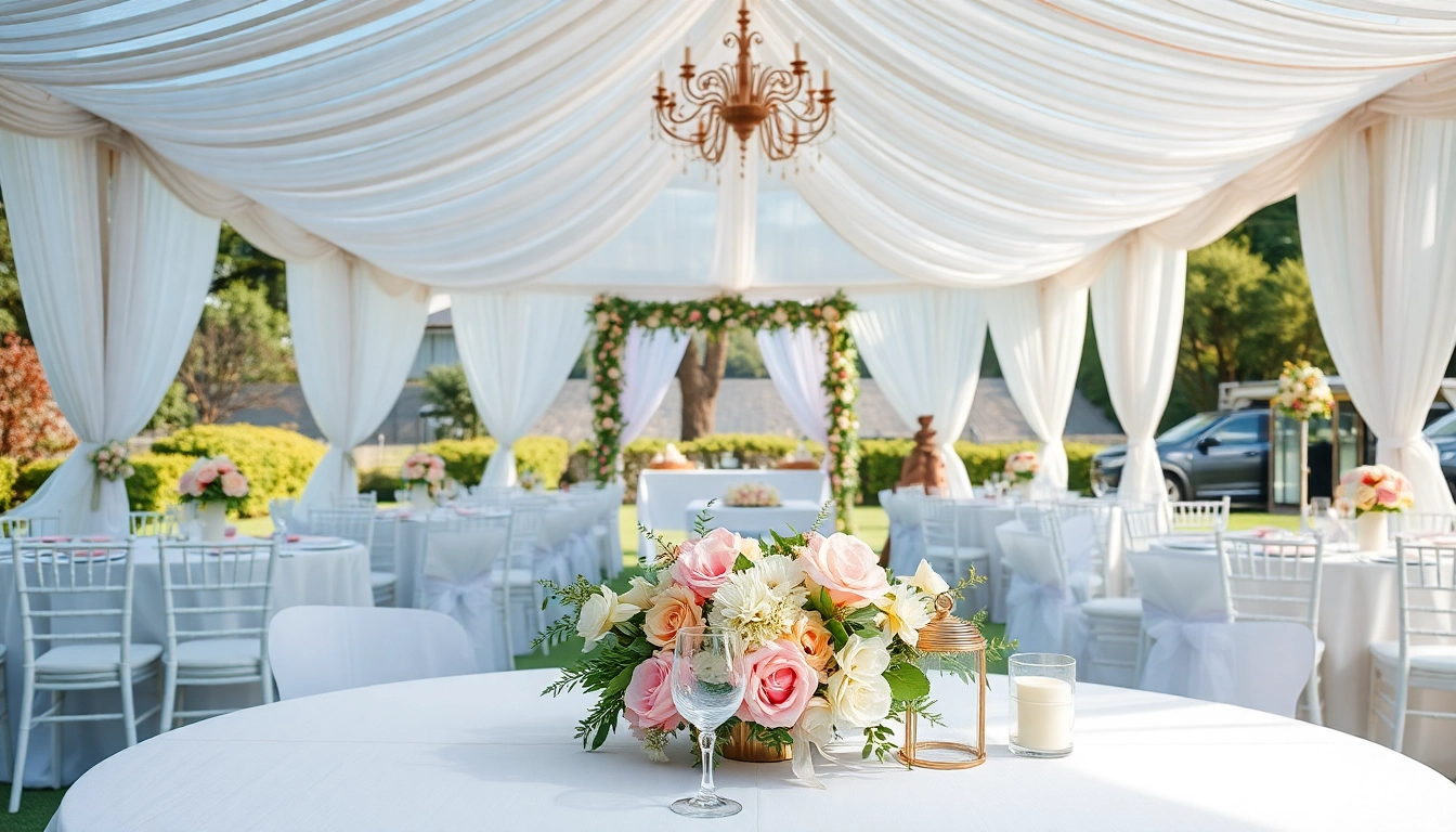 Stylish Wedding Tent Chair & Table Rentals arranged for an outdoor celebration.