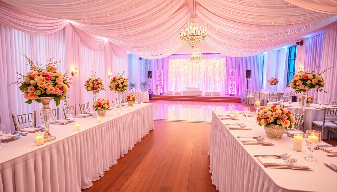 Elegantly decorated hochzeitssaal mit blühenden Arrangements und festlicher Atmosphäre.