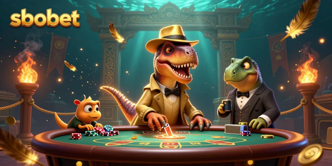 Bet on sbobet as a 3D velociraptor card counter sneaks chips at a blackjack table, amidst a vibrant casino atmosphere.