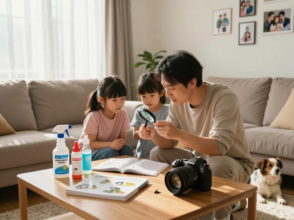 Family learning pest control tips using a pest control guide.