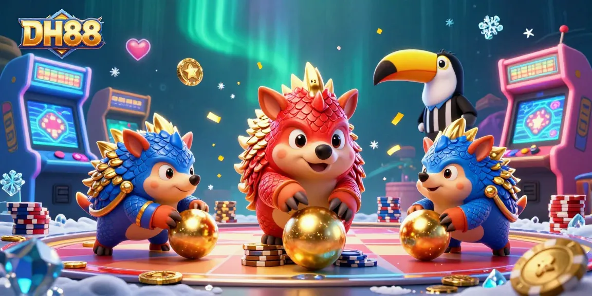 Bet big with DH88 as rival pangolins compete in a bowling game of poker chips.