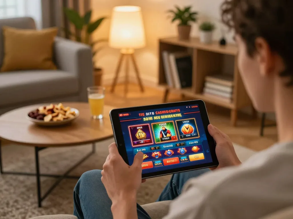 Playing giochi casino gratis senza registrazione on a tablet in a cozy home gaming setup