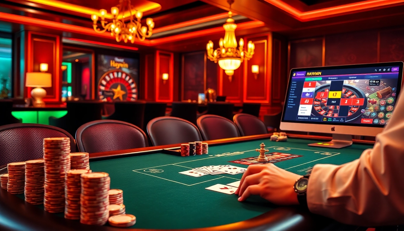 Experience the captivating atmosphere of Cổng game Haywin with high-stakes poker and vibrant casino visuals.