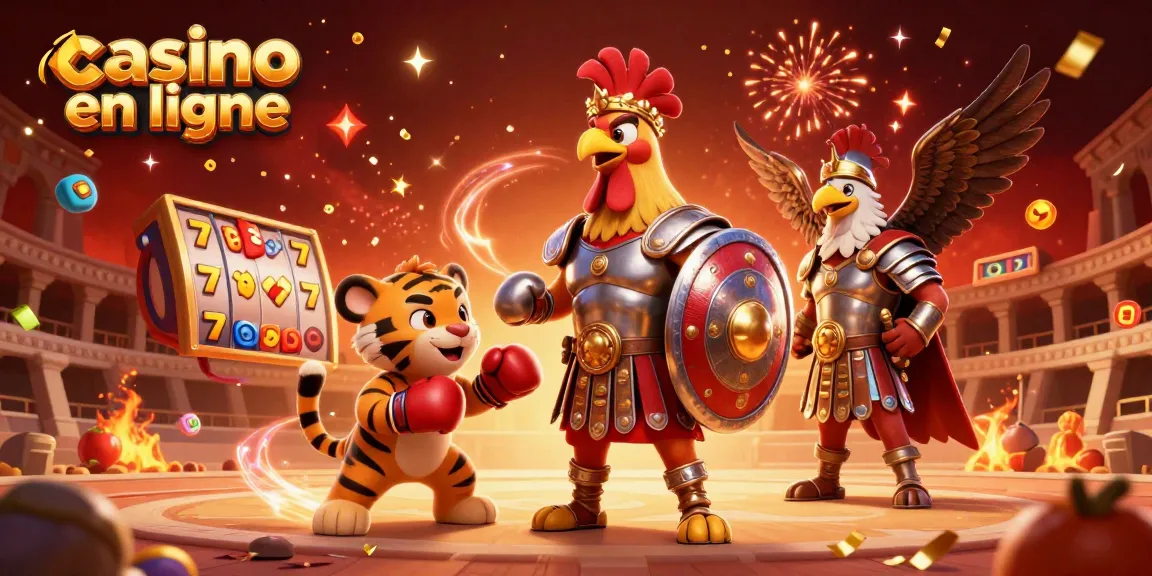 Casino en ligne animé avec un coq gladiateur et des symboles de machines à sous.
