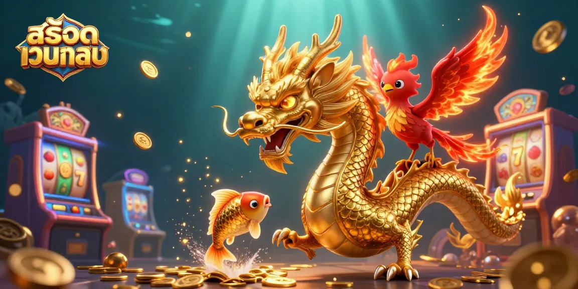 Experience สล็อตเว็บตรง with a fierce dragon, phoenix, and lucky koi amidst colorful slot machines.