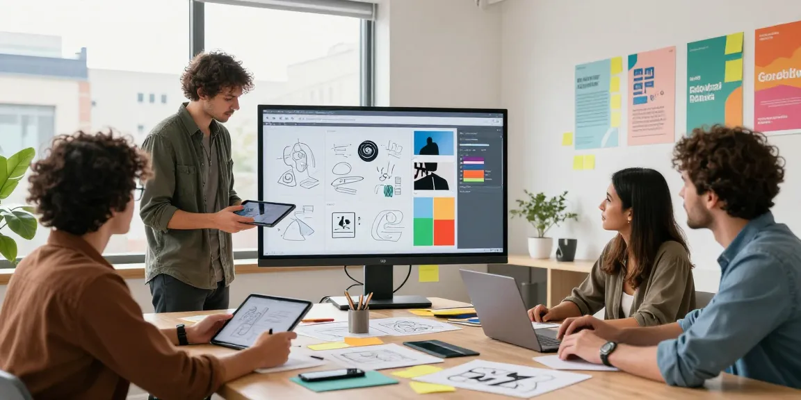 Creative professionals using mixboard at a modern workspace for collaboration and brainstorming.