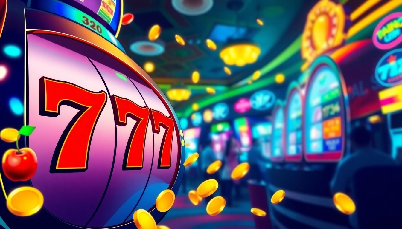 Exciting slot777 machine with vibrant symbols and coins, capturing casino energy