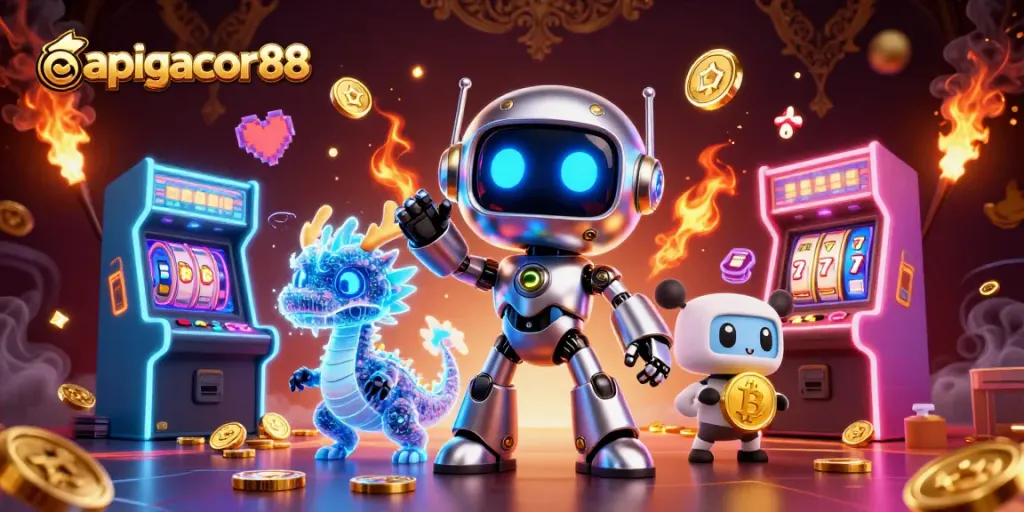 Engage with apigacor88 and experience vibrant 3D casino action featuring cool robotic characters and gaming elements.