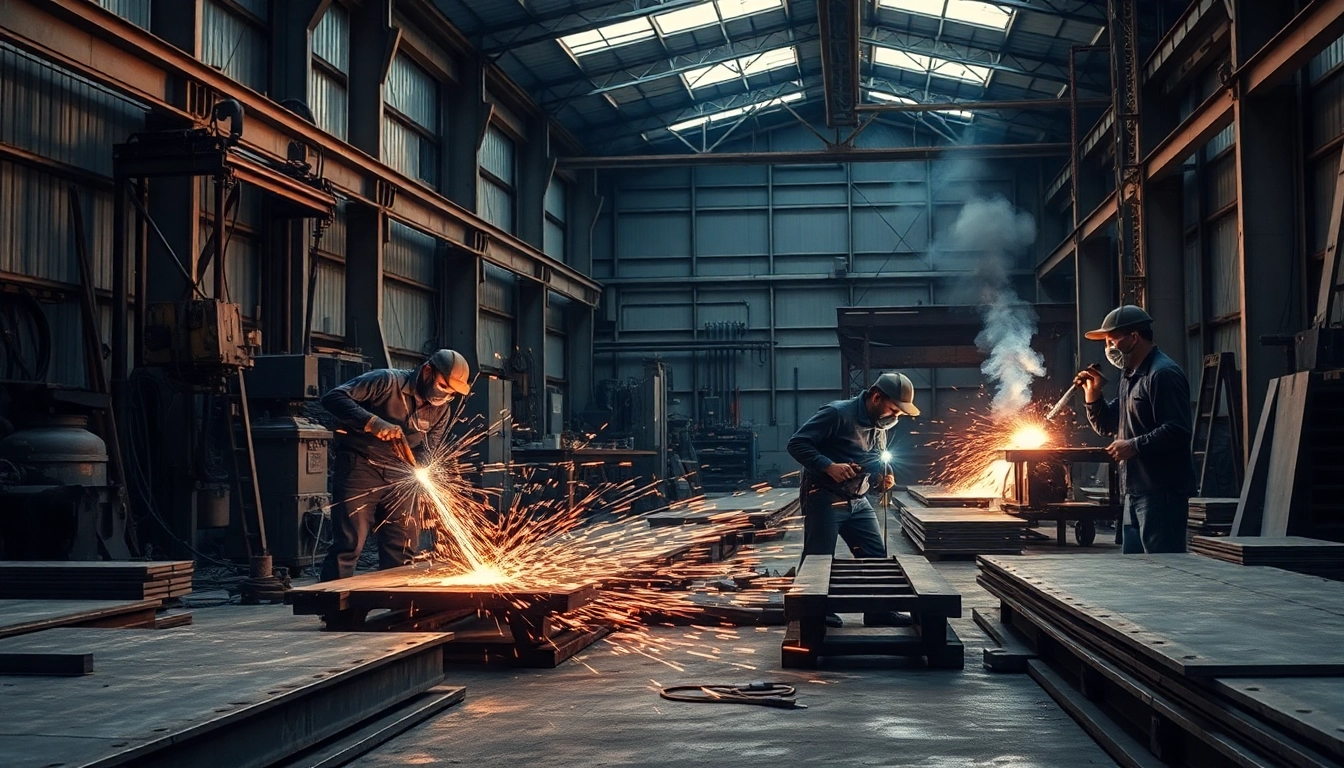 Skilled workers in a steel fabrication shop expertly welding materials with precision and care.
