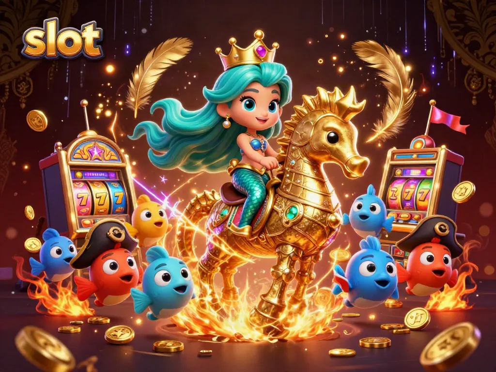 Spin and win with the vibrant slot themed illustration featuring a mermaid princess and seahorse.