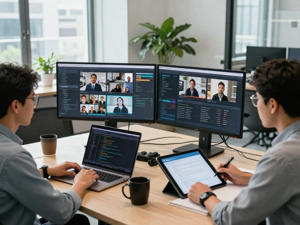 Team analyzing and detect ai image content moderation software in a modern workspace.