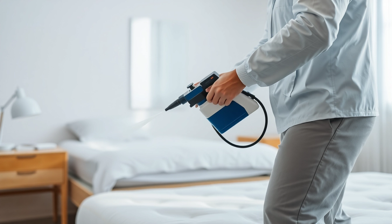 Expert performing bed bug treatment in a tidy bedroom, showcasing effective pest control techniques.