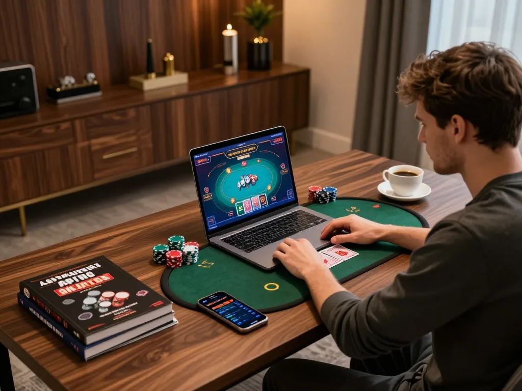 Player engaging in an online poker game on ev999, showcasing chips and cards on-screen in a stylish home office.